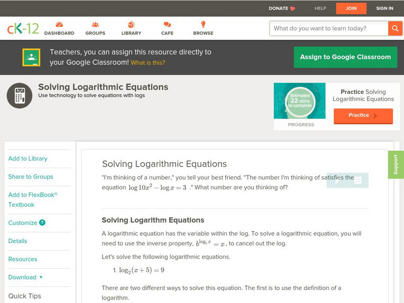Ck 12: Solving Logarithmic Equations Unit Plan Ck 12: Solving Logarithmic Equations Unit Plan