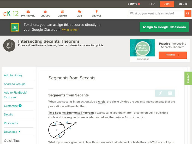Ck 12: Geometry: Segments From Secants Unit Plan Ck 12: Geometry: Segments From Secants Unit Plan