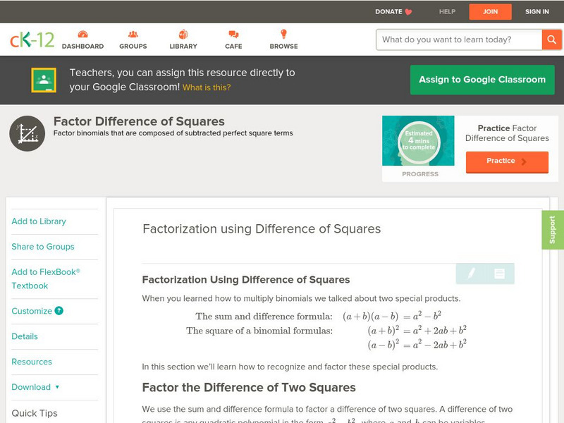 Ck 12: Algebra: Factorization Using Difference of Squares Unit Plan Ck 12: Algebra: Factorization Using Difference of Squares Unit Plan