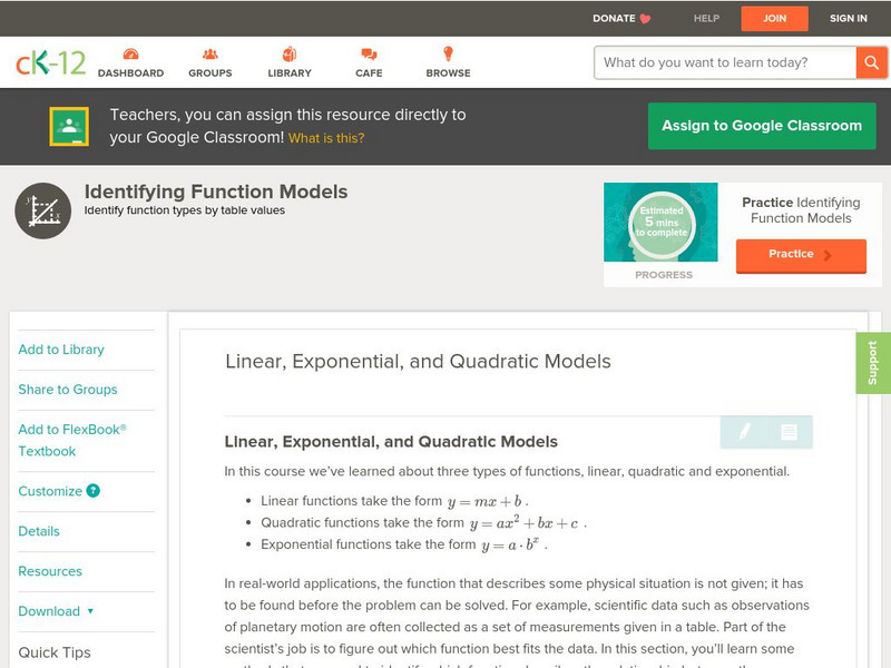 Ck 12: Algebra: Linear, Exponential, and Quadratic Models Unit Plan Ck 12: Algebra: Linear, Exponential, and Quadratic Models Unit Plan