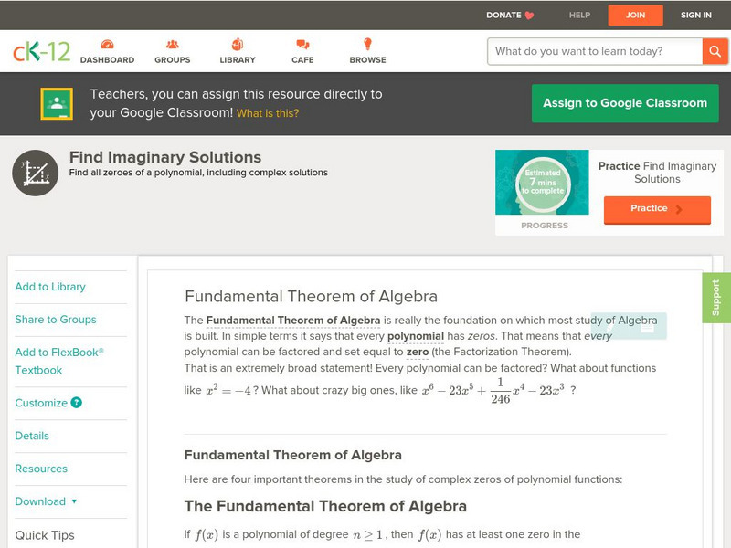 Ck 12: Find Imaginary Solutions: Fundamental Theorem of Algebra Unit Plan Ck 12: Find Imaginary Solutions: Fundamental Theorem of Algebra Unit Plan