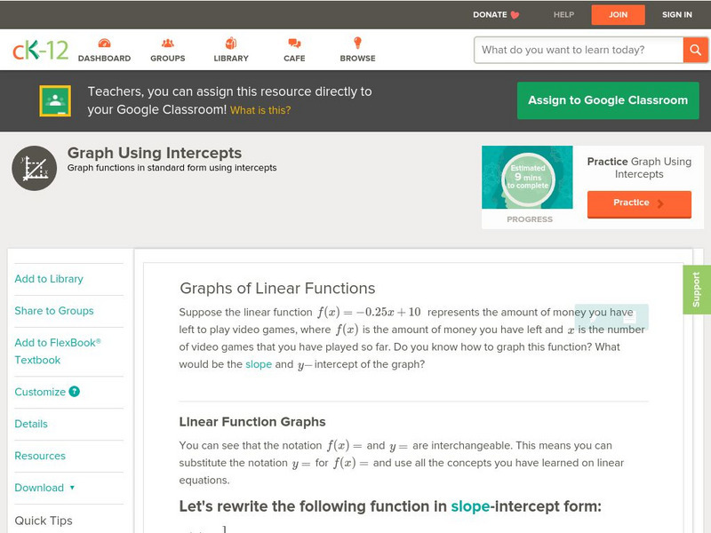 Ck 12: Algebra: Graph Using Intercepts: Graphs of Linear Functions Unit Plan Ck 12: Algebra: Graph Using Intercepts: Graphs of Linear Functions Unit Plan
