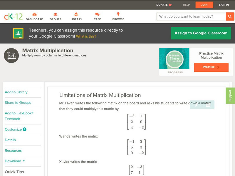 Ck 12: Algebra: Limitations of Matrix Multiplication Unit Plan Ck 12: Algebra: Limitations of Matrix Multiplication Unit Plan