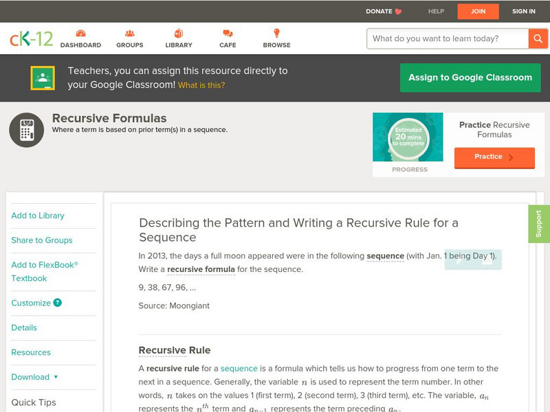 Ck 12: Analysis: Recursive Formulas Unit Plan Ck 12: Analysis: Recursive Formulas Unit Plan