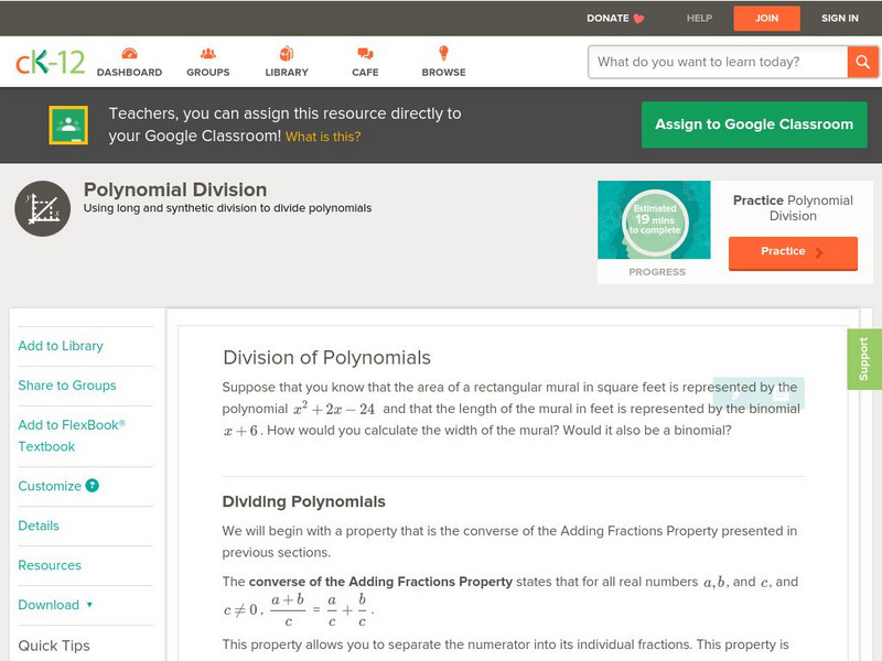 Ck 12: Algebra: Division of Polynomials Unit Plan Ck 12: Algebra: Division of Polynomials Unit Plan