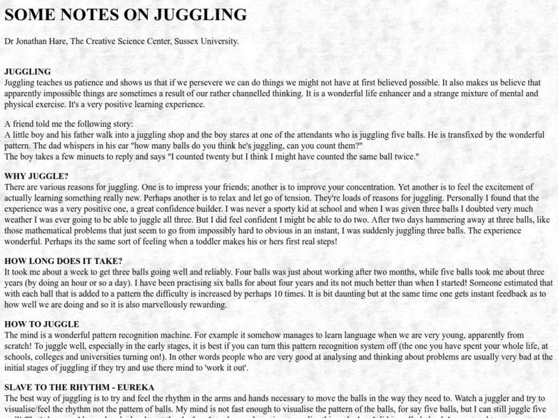 Creative Science Centre: Some Notes on Juggling Article Creative Science Centre: Some Notes on Juggling Article