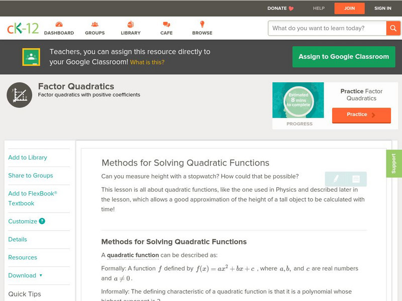 Ck 12: Factor Quadratics: Methods for Solving Quadratic Functions Unit Plan Ck 12: Factor Quadratics: Methods for Solving Quadratic Functions Unit Plan