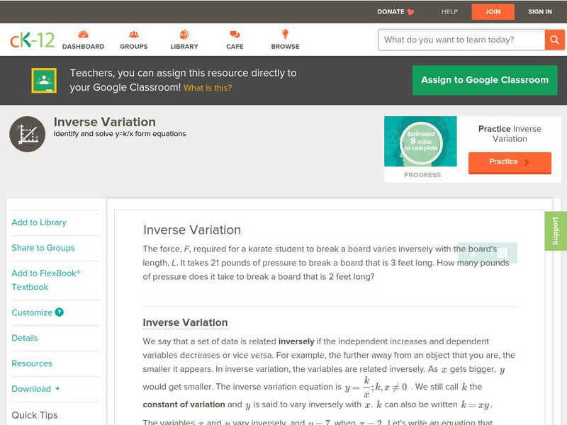 Ck 12: Algebra: Inverse Variation Models Unit Plan Ck 12: Algebra: Inverse Variation Models Unit Plan