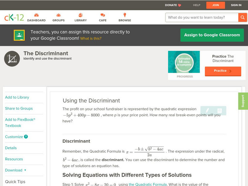 Ck 12: Algebra: The Discriminant Unit Plan Ck 12: Algebra: The Discriminant Unit Plan