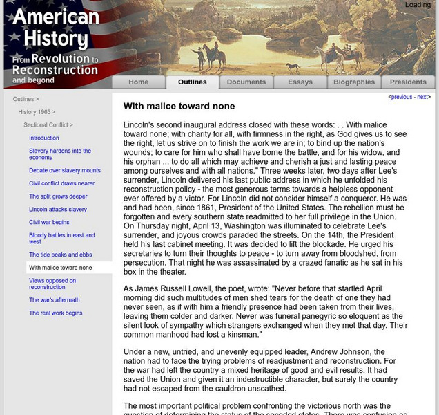 American History: Outlines: "With Malice Toward None" Handout American History: Outlines: "With Malice Toward None" Handout
