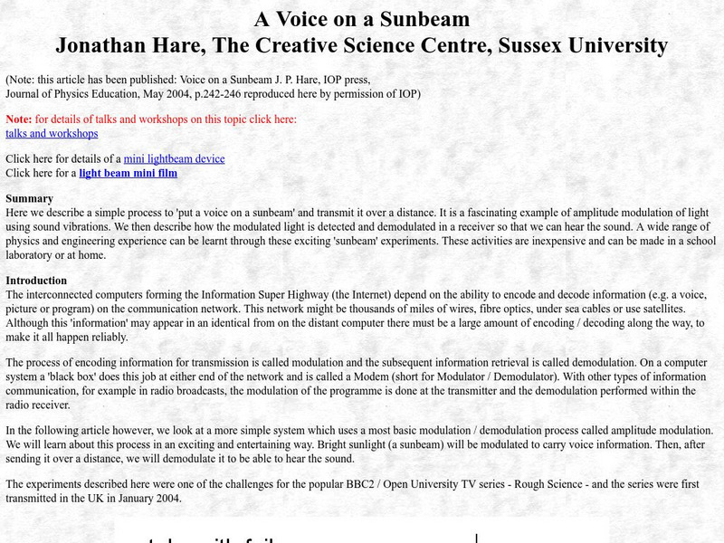 Creative Science Centre: A Voice on a Sunbeam Article Creative Science Centre: A Voice on a Sunbeam Article