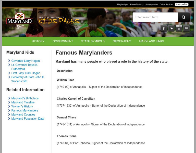 Maryland.gov: The Secretary of States Kids Pages: Famous Marylanders Handout Maryland.gov: The Secretary of States Kids Pages: Famous Marylanders Handout