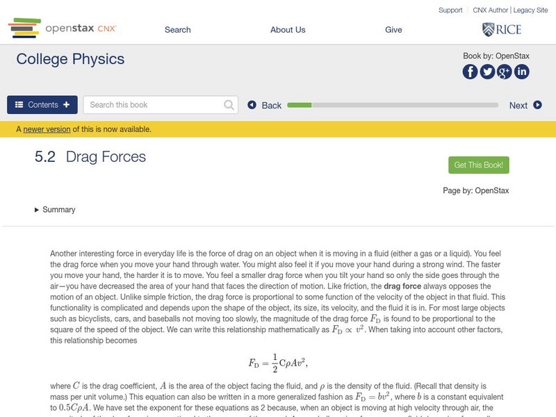 Open Stax: College Physics: Drag Forces eBook Open Stax: College Physics: Drag Forces eBook