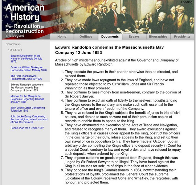 American History: Documents: Edward Randolph Condemns Massachussetts Bay Company Primary American History: Documents: Edward Randolph Condemns Massachussetts Bay Company Primary