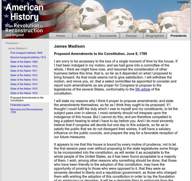 American History: Presidents: James Madison: Proposed Amendments to Constitution Article American History: Presidents: James Madison: Proposed Amendments to Constitution Article
