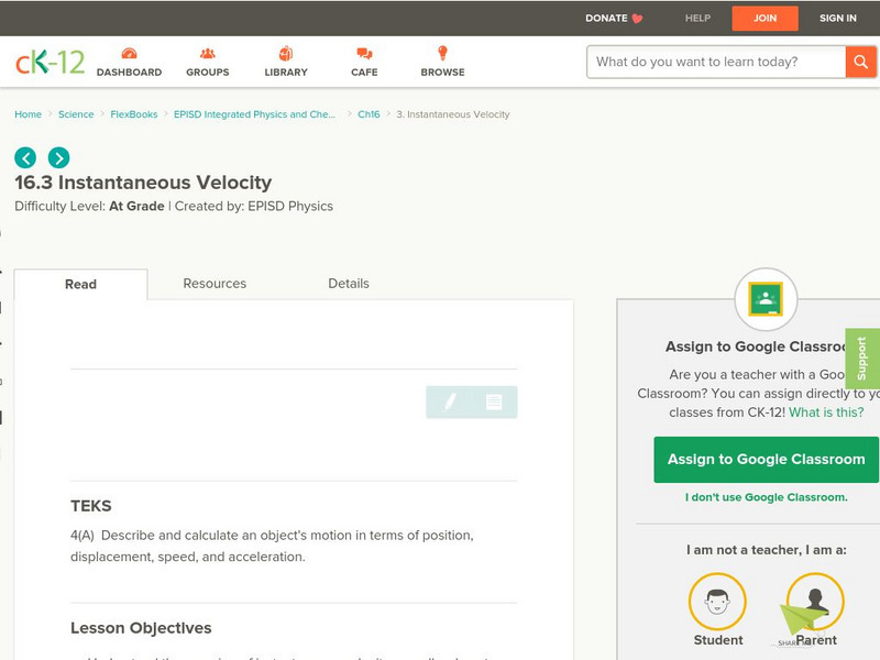 Ck 12: Instantaneous Velocity Unit Plan