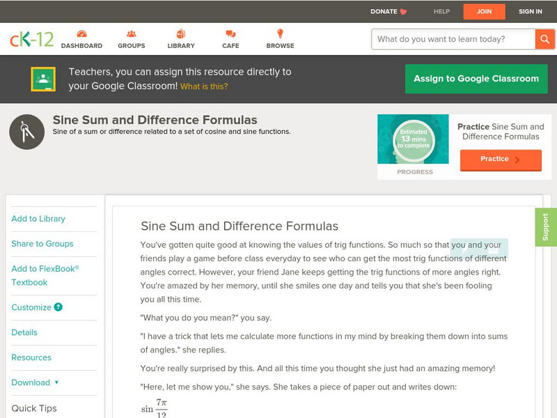 Ck 12: Trigonometry: Sine Sum and Difference Formulas Unit Plan Ck 12: Trigonometry: Sine Sum and Difference Formulas Unit Plan