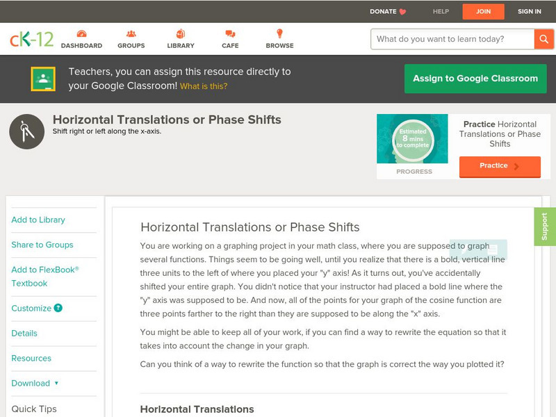 Ck 12: Trigonometry: Horizontal Translations or Phase Shifts Unit Plan Ck 12: Trigonometry: Horizontal Translations or Phase Shifts Unit Plan