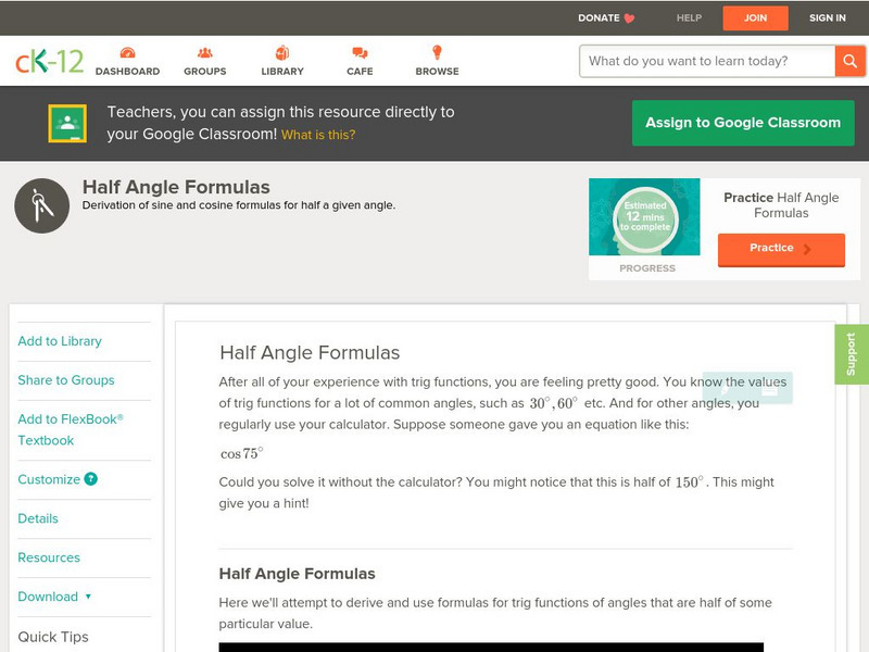 Ck 12: Trigonometry: Half Angle Formulas Unit Plan Ck 12: Trigonometry: Half Angle Formulas Unit Plan