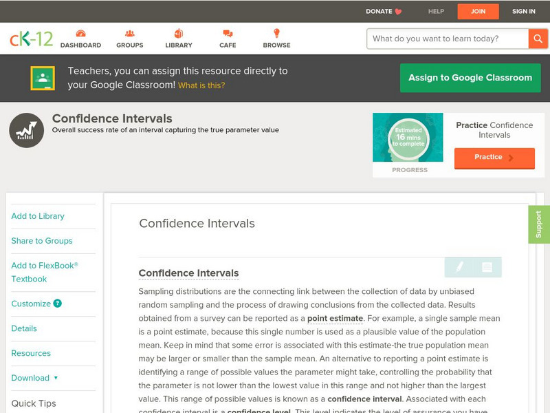 Ck 12: Statistics: Confidence Intervals Unit Plan Ck 12: Statistics: Confidence Intervals Unit Plan