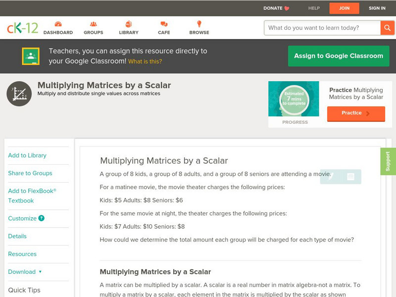 Ck 12: Algebra: Multiplying Matrices by a Scalar Unit Plan Ck 12: Algebra: Multiplying Matrices by a Scalar Unit Plan