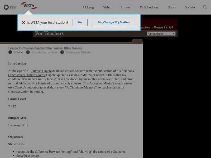 Pbs: American Masters: Lesson 2: Truman Capote: Other Voices, Other Rooms Lesson Plan Pbs: American Masters: Lesson 2: Truman Capote: Other Voices, Other Rooms Lesson Plan