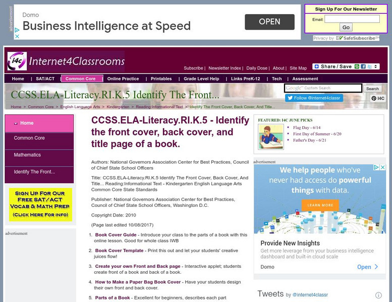 Internet4 Classrooms: ccss.ela literacy.ri.k.5 Identify the Front Cover Website Internet4 Classrooms: ccss.ela literacy.ri.k.5 Identify the Front Cover Website