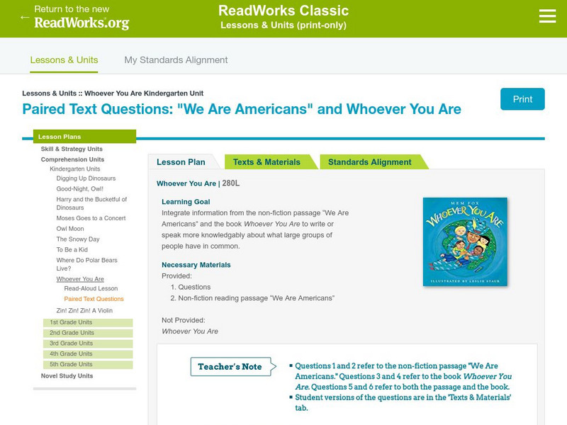 Read Works: Paired Text Questions: "We Are Americans" and "Whoever You Are" Lesson Plan Read Works: Paired Text Questions: "We Are Americans" and "Whoever You Are" Lesson Plan