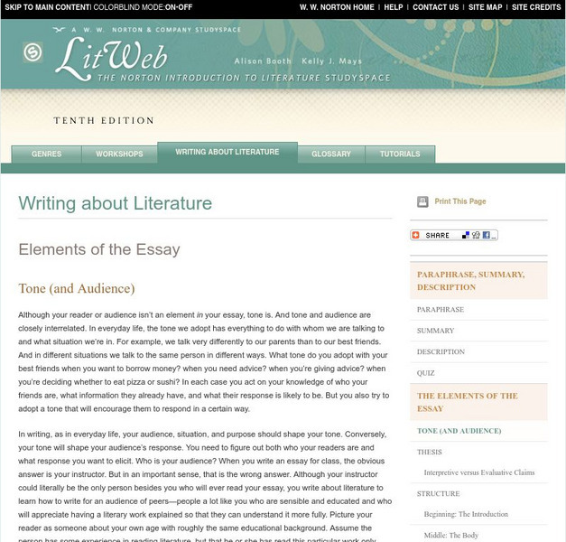W.w. Norton & Company: Elements of the Essay: Tone (And Audience) Handout W.w. Norton & Company: Elements of the Essay: Tone (And Audience) Handout