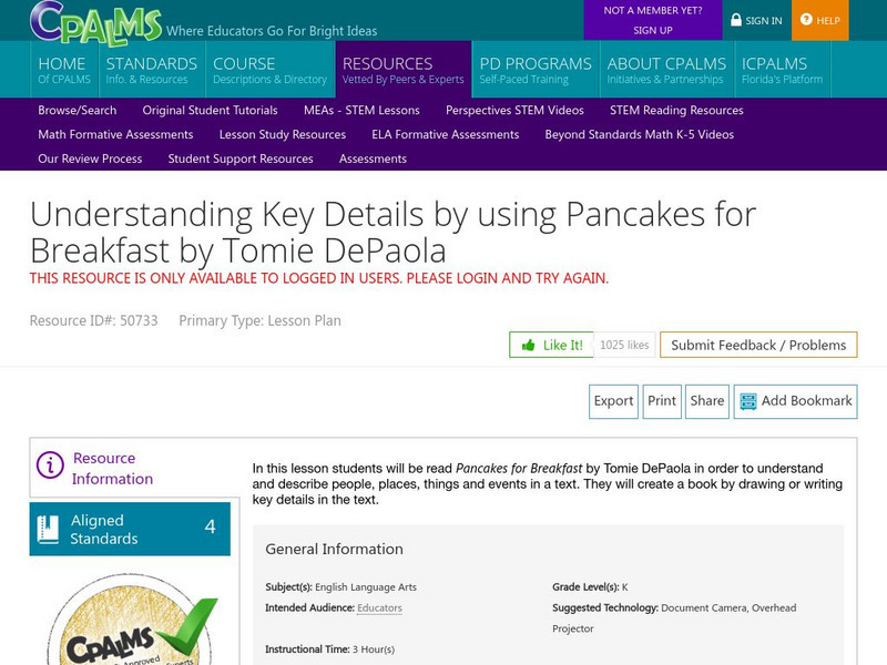 Cpalms: Understanding Key Details by Using Pancakes for Breakfast Lesson Plan Cpalms: Understanding Key Details by Using Pancakes for Breakfast Lesson Plan