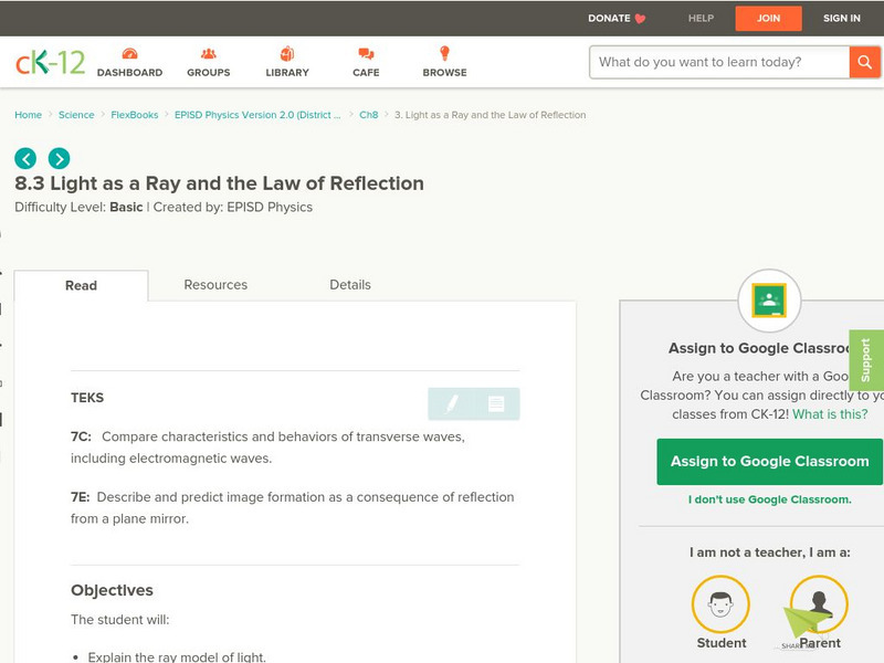 Ck 12: Light as a Ray and the Law of Reflection Unit Plan Ck 12: Light as a Ray and the Law of Reflection Unit Plan