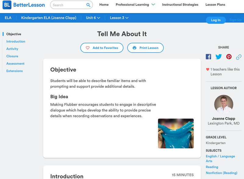 Better Lesson: Tell Me About It Lesson Plan Better Lesson: Tell Me About It Lesson Plan