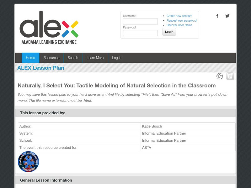 Alex: Naturally, I Select You: Tactile Modeling of Natural Selection Lesson Plan Alex: Naturally, I Select You: Tactile Modeling of Natural Selection Lesson Plan