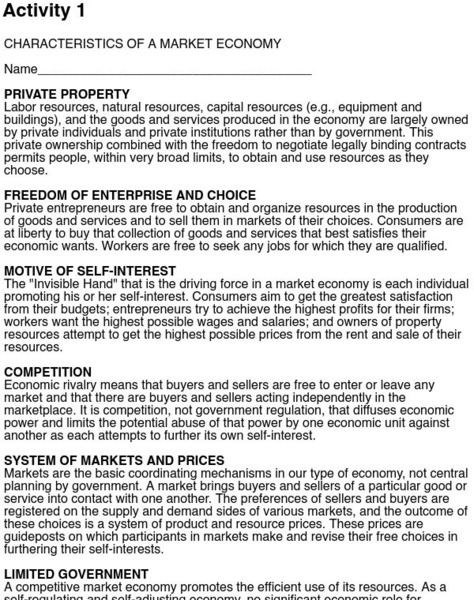 Ec Ed Web: Characteristics of a Market Economy Handout Ec Ed Web: Characteristics of a Market Economy Handout