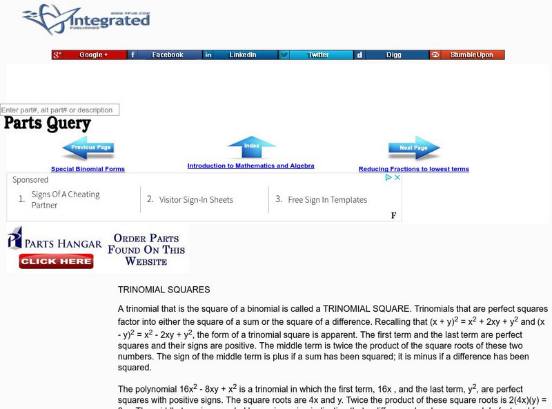 Integrated Publishing: Trinomial Squares Activity Integrated Publishing: Trinomial Squares Activity