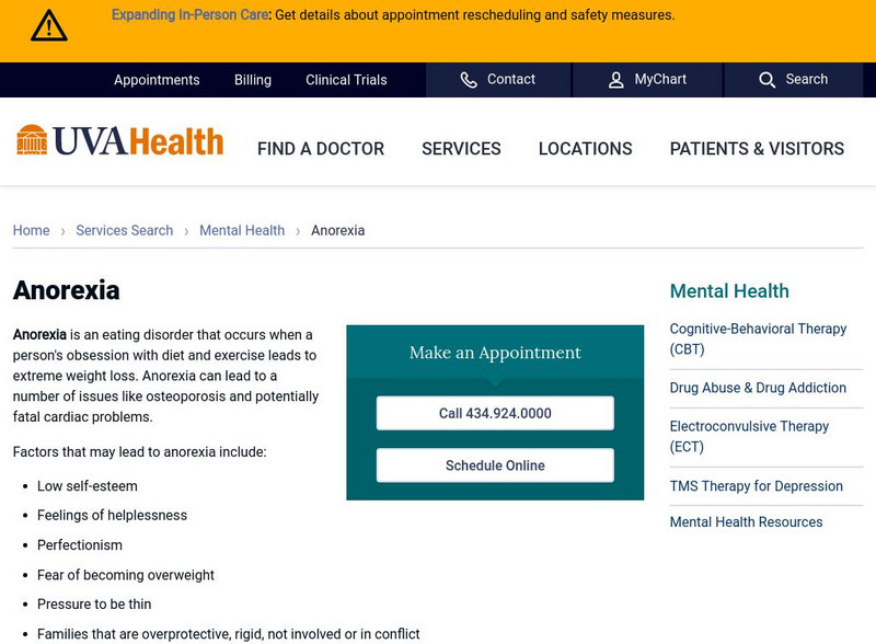 University of Virginia Health System: Anorexia Handout