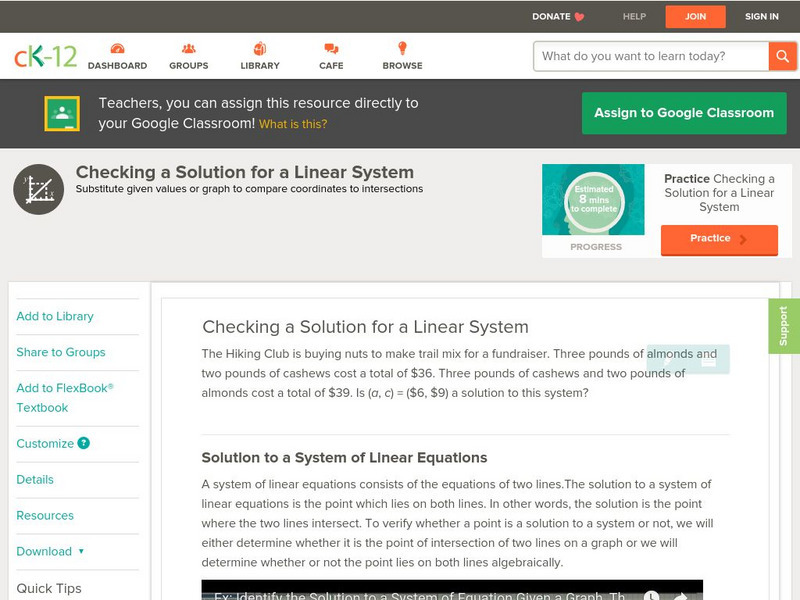 Ck 12: Algebra: Checking a Solution for a Linear System Unit Plan Ck 12: Algebra: Checking a Solution for a Linear System Unit Plan