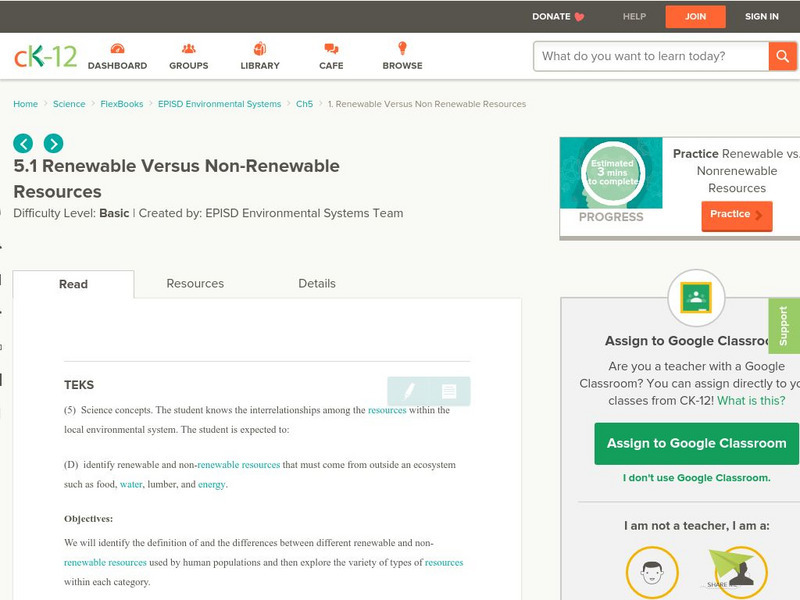 Ck 12: Renewable Versus Non Renewable Resources Unit Plan Ck 12: Renewable Versus Non Renewable Resources Unit Plan