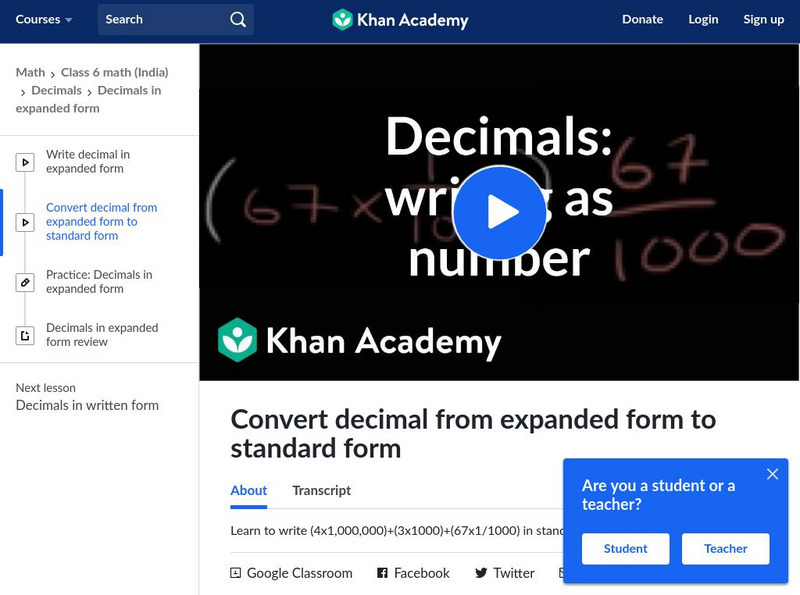 Khan Academy: Convert Decimal From Expanded Form to Standard Form Instructional Video