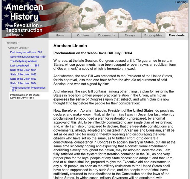 American History: Presidents: Proclamation on the Wade Davis Bill, 7 8 188 Primary American History: Presidents: Proclamation on the Wade Davis Bill, 7 8 188 Primary