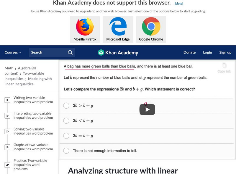 Khan Academy: Analyzing Structure With Linear Inequalities: Balls Instructional Video
