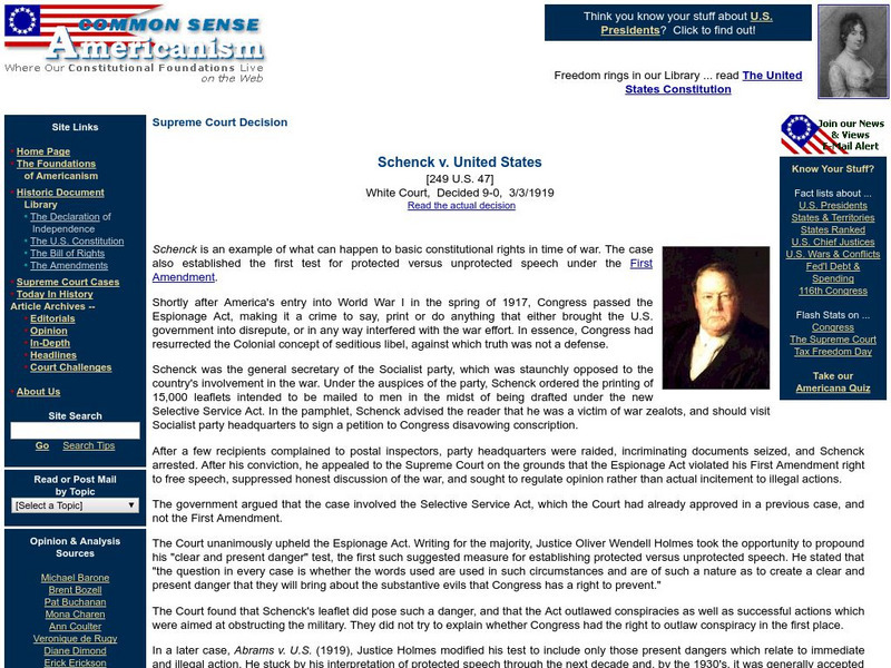 Common Sense Americanism: Schenck v. United States Activity Common Sense Americanism: Schenck v. United States Activity