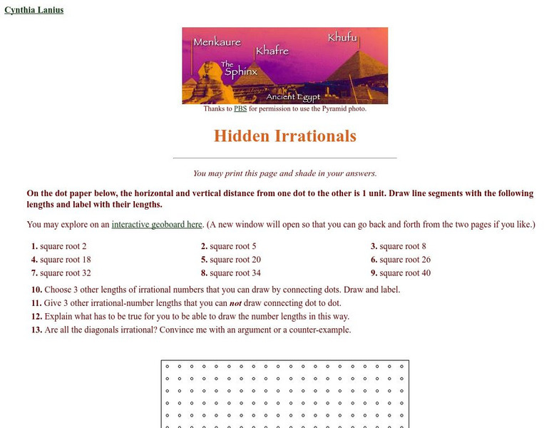 Rice University: Cynthia Lanius: Hidden Irrationals (Geoboard Lesson) Activity Rice University: Cynthia Lanius: Hidden Irrationals (Geoboard Lesson) Activity