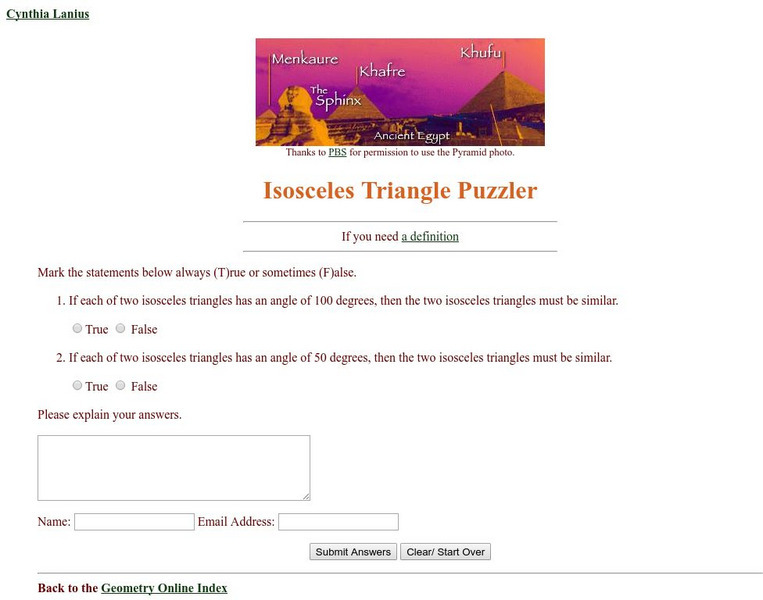 Rice University: Cynthia Lanius: Isosceles Triangle Puzzler Unknown Type Rice University: Cynthia Lanius: Isosceles Triangle Puzzler Unknown Type