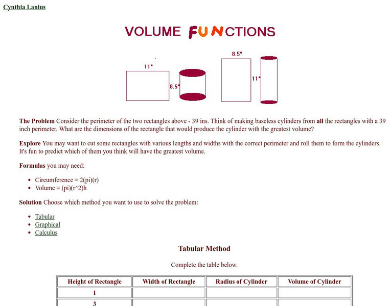 Rice University: Cynthia Lanius: Volume Functions Activity Rice University: Cynthia Lanius: Volume Functions Activity