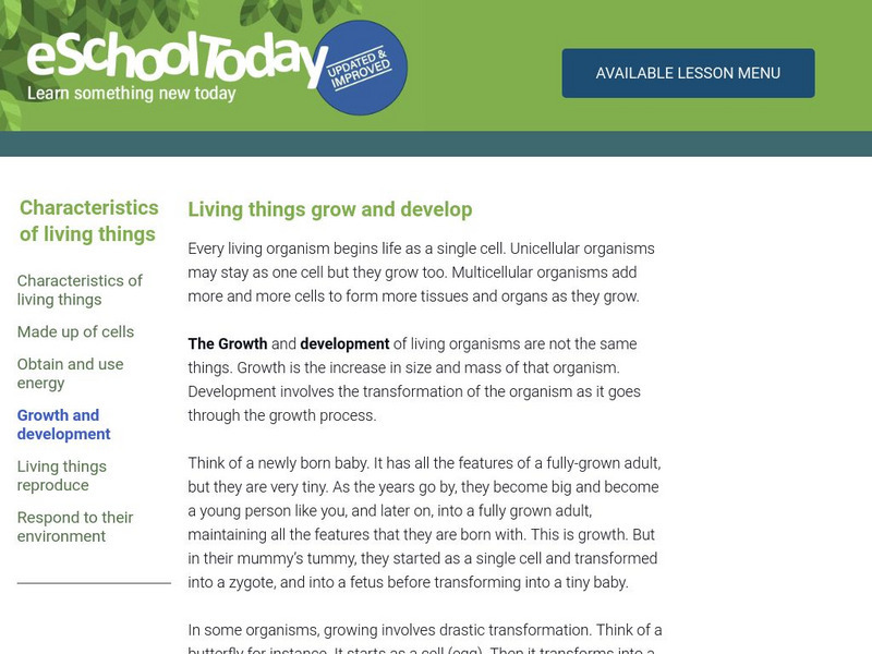 E School Today: Living Organisms Grow and Develop Handout E School Today: Living Organisms Grow and Develop Handout