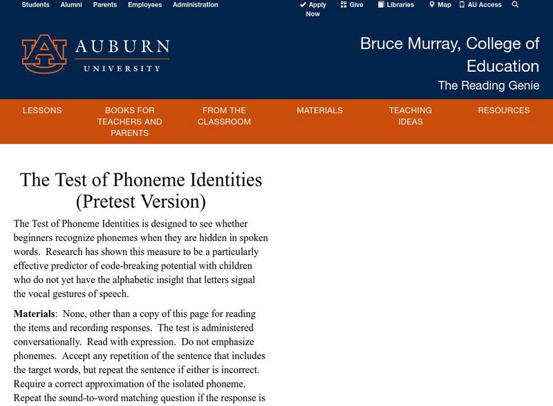 Auburn University: The Test of Phoneme Identities (Pretest Version) Unknown Type Auburn University: The Test of Phoneme Identities (Pretest Version) Unknown Type