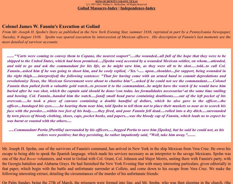 Sons of De Witt Colony: Goliad Massacre: Execution of James Fannin Handout Sons of De Witt Colony: Goliad Massacre: Execution of James Fannin Handout