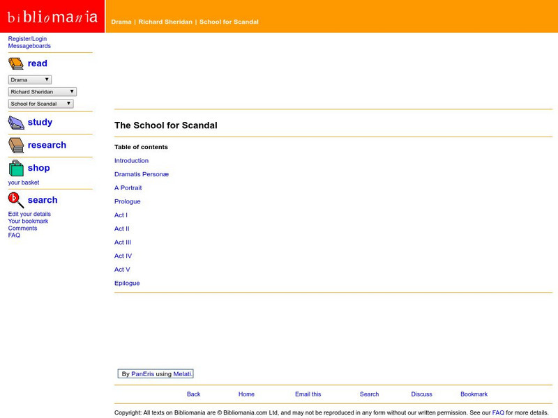Bibliomania: Richard Sheridan the School for Scandal eBook