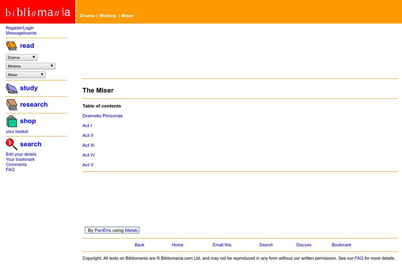 Bibliomania: Moliere the Miser eBook Bibliomania: Moliere the Miser eBook